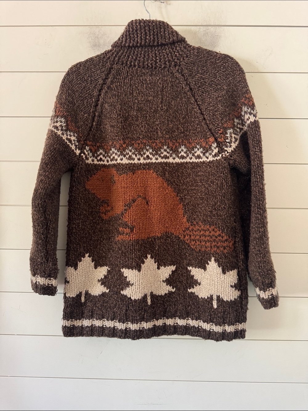Mary Maxim Roots Colab Size XS ( Generous) Hand Knit Beaver Cardigan Full Zip